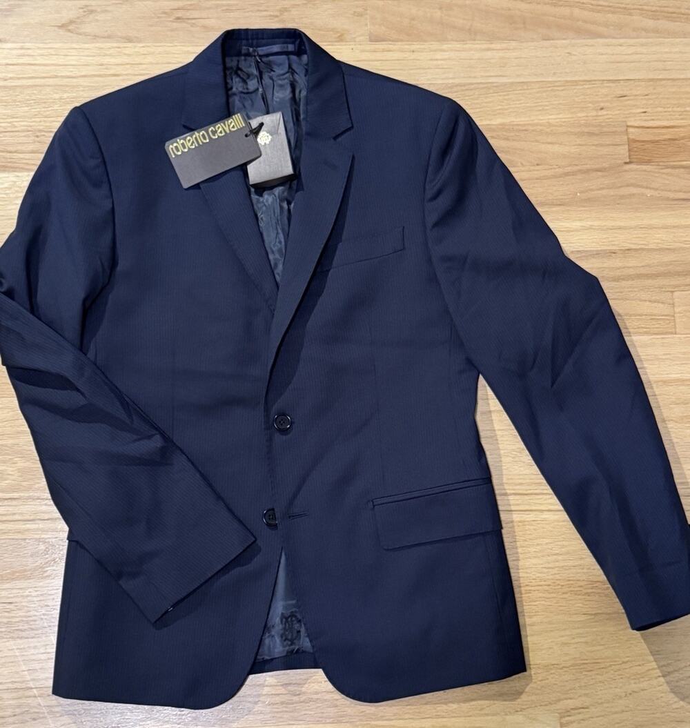 NWT Roberto Cavalli Men's Slim Fit Wool Woven Blazer Blu Notte Size 46 IT